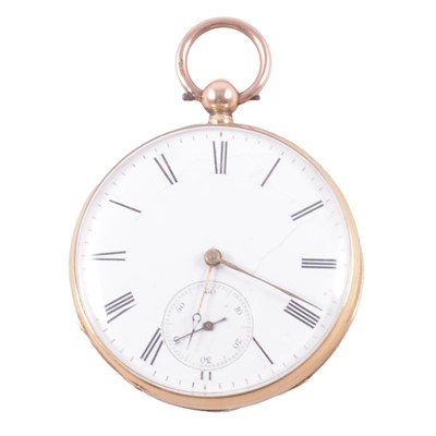 Lot 396 - A yellow metal open face pocket watch.