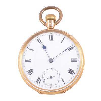 Lot 404 - A 9 carat yellow gold open face pocket watch.