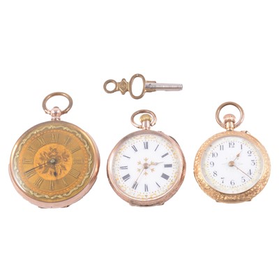 Lot 406 - Three yellow metal open face fob watches.
