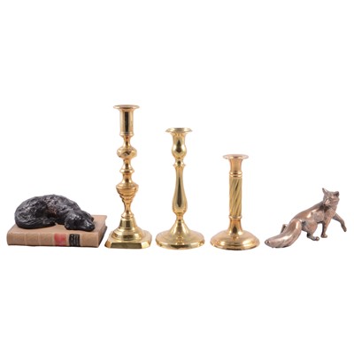 Lot 71 - Three pairs of brass candlesticks, brass fox, etc.