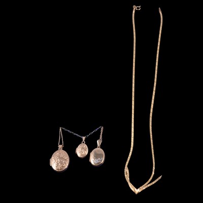 Lot 294 - Three gold lockets on yellow metal chains, and a yellow metal necklace.