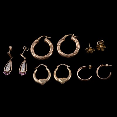 Lot 245 - Five pairs of yellow gold / yellow metal earrings for pierced ears.