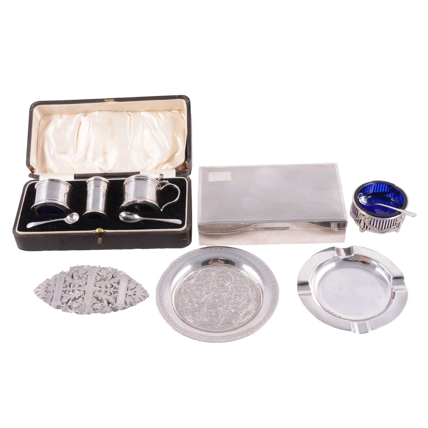 Lot 233 - Silver condiment set, ashtray, cigarette box, buckle, etc.