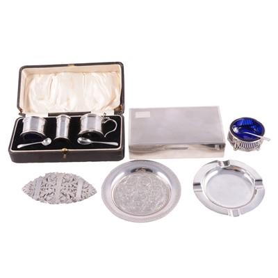 Lot 233 - Silver condiment set, ashtray, cigarette box, buckle, etc.