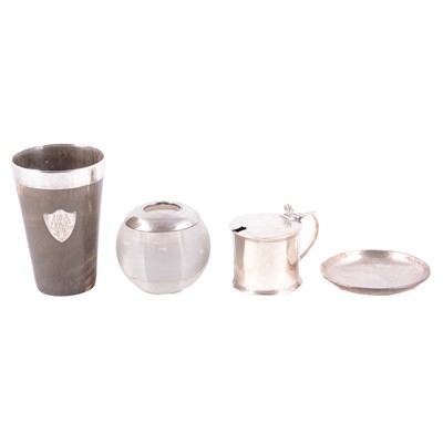 Lot 237 - A horn beaker, drum mustard lacking liner, match striker, and a small dish.