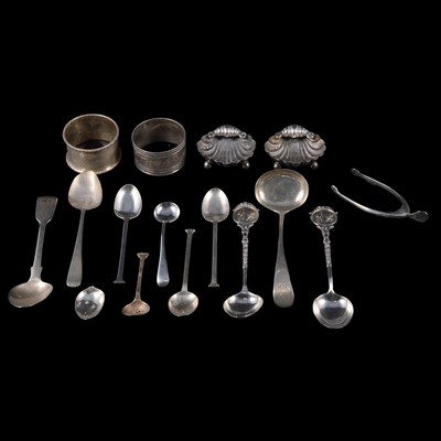 Lot 230 - A pair of silver shell salts, wishbone sugar tongs, teaspoons, napkin rings.