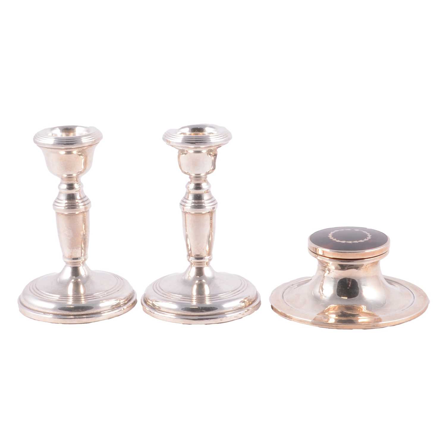 Lot 215 - Silver inkwell and a pair of silver candlesticks