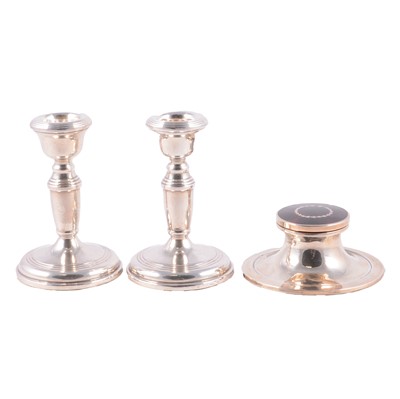 Lot 215 - Silver inkwell and a pair of silver candlesticks