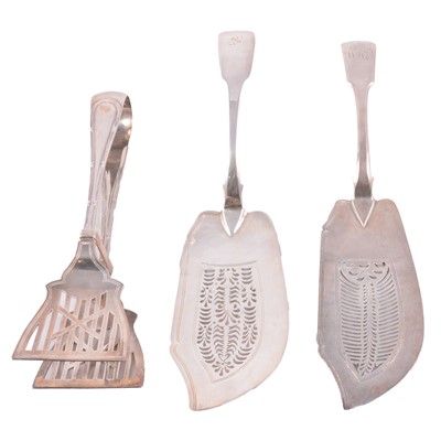 Lot 170 - Two silver fish servers, silver asparagus tongs.