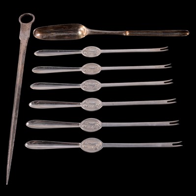 Lot 172 - Six silver lobster picks, marrow scoop, meat skewer