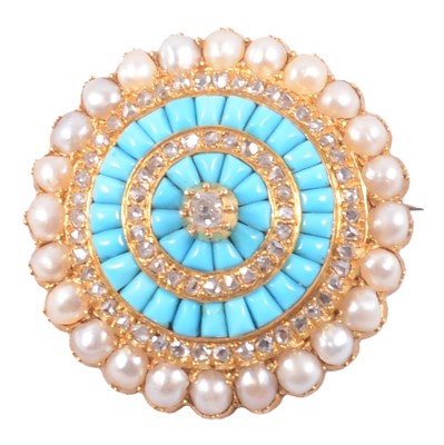 Lot 181 - A Victorian diamond, turquoise and pearl target brooch.