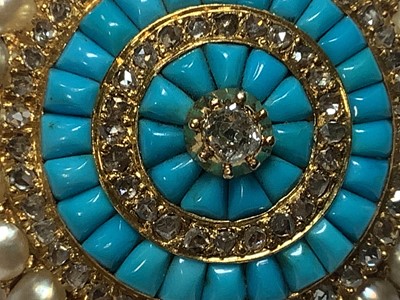 Lot 181 - A Victorian diamond, turquoise and pearl target brooch.