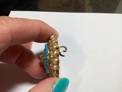 Lot 181 - A Victorian diamond, turquoise and pearl target brooch.