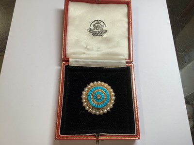 Lot 181 - A Victorian diamond, turquoise and pearl target brooch.