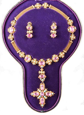 Lot 247 - A 19TH century foil back pink topaz and turquoise parure in fitted N Bloom & Sons box.
