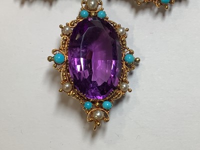 Lot 248 - A Victorian amethyst, seed pearl and turquoise necklace in fitted Asprey and Company box.