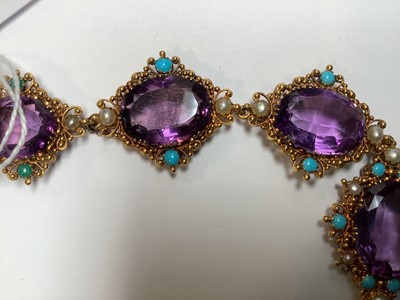 Lot 248 - A Victorian amethyst, seed pearl and turquoise necklace in fitted Asprey and Company box.
