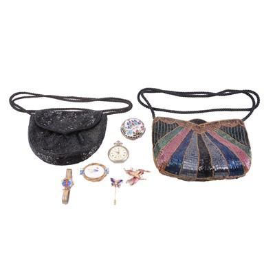 Lot 508 - A collection of white metal and costume jewellery, beaded purses, and pill boxes.