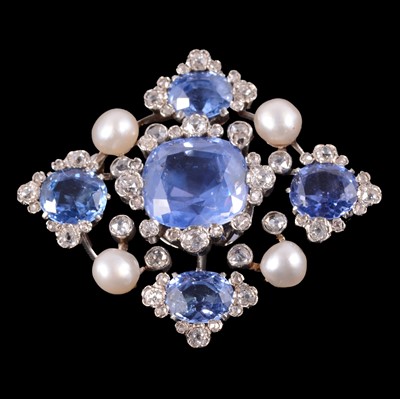 Lot 171 - A fine sapphire, diamond and pearl brooch.