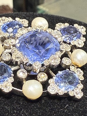 Lot 171 - A fine sapphire, diamond and pearl brooch.