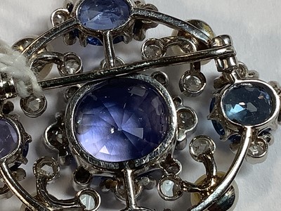 Lot 171 - A fine sapphire, diamond and pearl brooch.