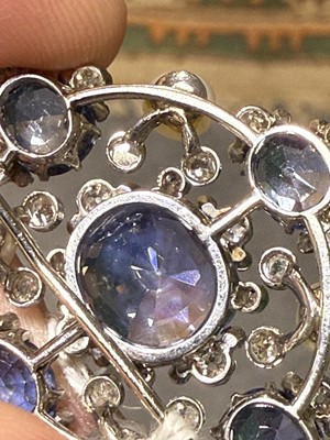 Lot 171 - A fine sapphire, diamond and pearl brooch.