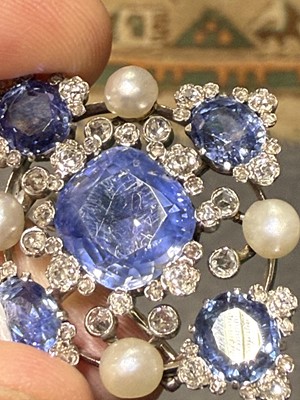 Lot 171 - A fine sapphire, diamond and pearl brooch.