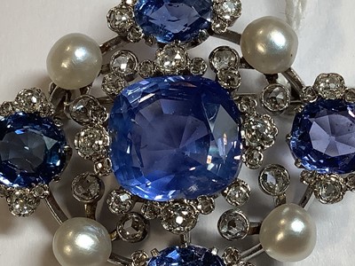 Lot 171 - A fine sapphire, diamond and pearl brooch.