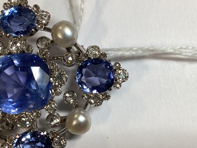 Lot 171 - A fine sapphire, diamond and pearl brooch.