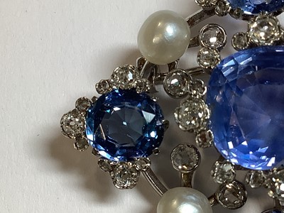 Lot 171 - A fine sapphire, diamond and pearl brooch.