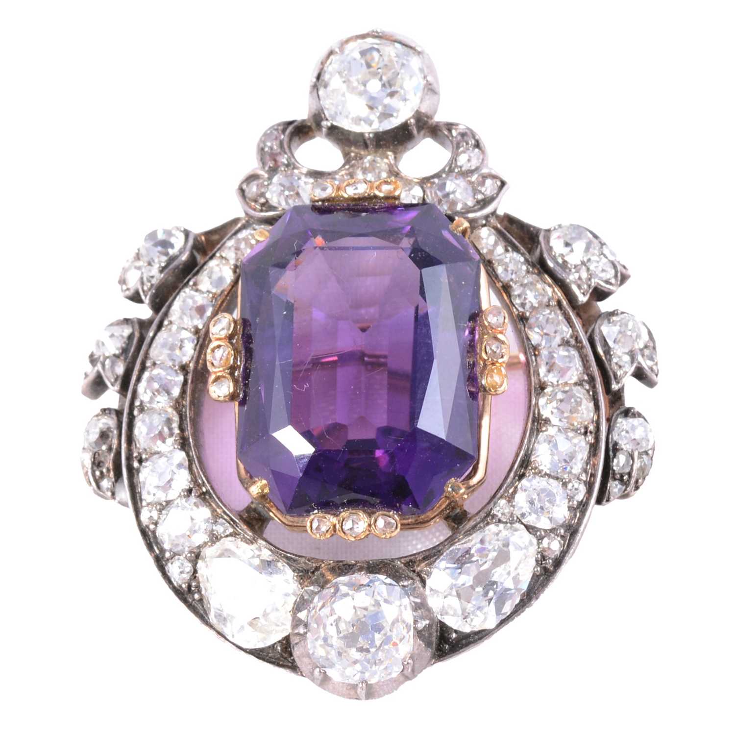 Lot 174 - A Victorian amethyst and diamond brooch.