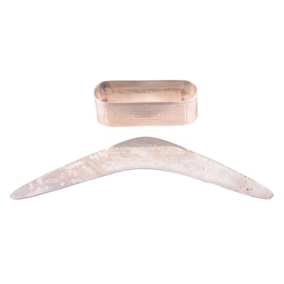 Lot 177 - Australian silver presentation boomerang and a large silver napkin ring