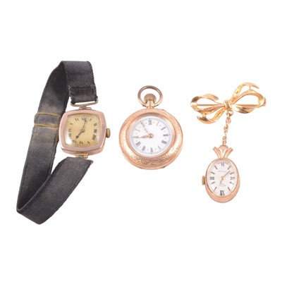 Lot 406A - CATALOGUE AMENDMENT - FOB WATCH 14K - A 14K fob watch, 9 carat wristwatch, and Rotary - a fob watch with 9 carat gold bow brooch.