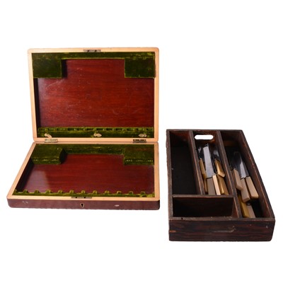 Lot 119A - Three oak and mahogany canteens, two wooden cutlery trays and simulated ivory handled knives.