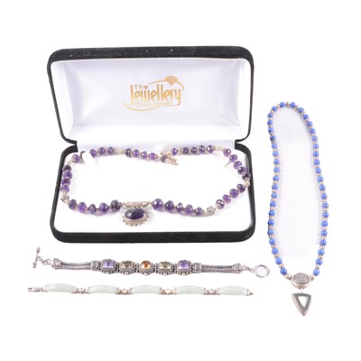 Lot 506 - A collection of modern white metal necklaces, bracelets and wristwatch.