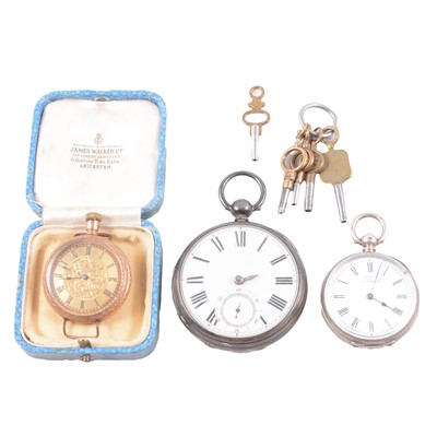 Lot 415 - A gold-plated fob watch converted to a wristwatch, white metal fob watch, and silver pocket watch.