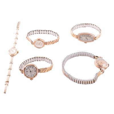 Lot 455 - Five ladies' 9 carat yellow gold wristwatches.