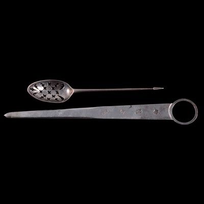 Lot 188 - Silver mote spoon and a silver meat skewer letter knife