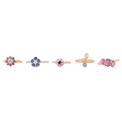 Lot 54 - Five gemset rings, sapphire and diamond, ruby and diamond, and others.