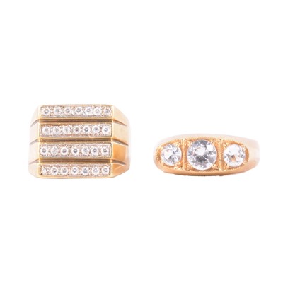Lot 114 - Two white stone (not diamond) rings in a gentleman's style.