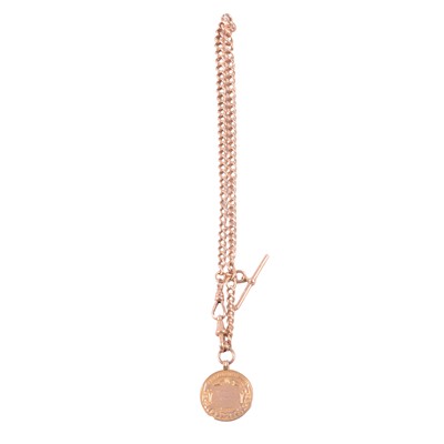 Lot 344 - A 9 carat yellow gold single Albert watch chain and medallion.