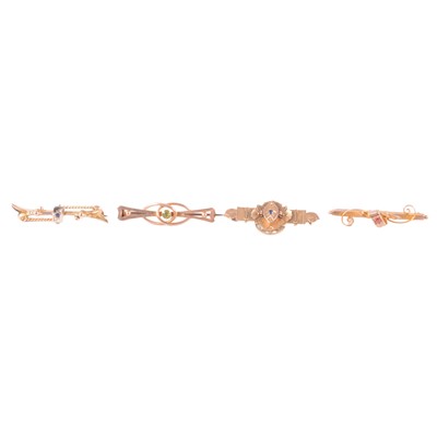 Lot 199 - Four gemset bar brooches, sapphire and seed pearl, peridot, sapphire and diamond.