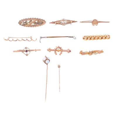 Lot 202 - Nine bar brooches, and two stick pins, some gemset.