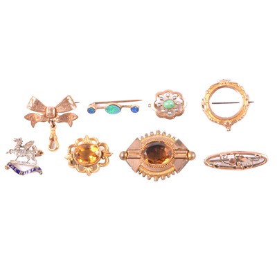 Lot 201 - Eight brooches, citrine, ruby and diamond, opal triplet.
