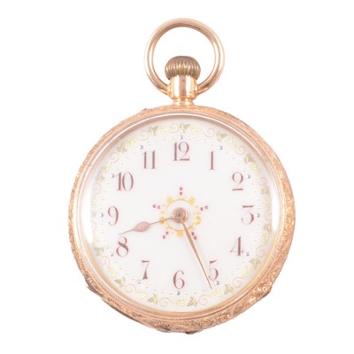 Lot 398 - A yellow metal open face fob watch.