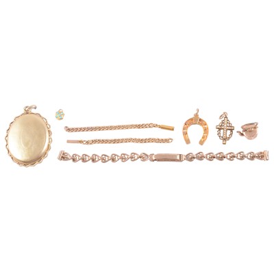 Lot 150A - A 9 carat gold wristwatch bracelet, gold charms, yellow metal locket, and chain.
