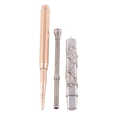 Lot 387 - S Mordan & Co 9 carat gold pencil, silver-coloured pencil, and pencil holder.