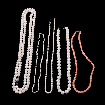 Lot 317 - CATALOGUE AMENDMENT - Cultured pearl necklaces, earstuds and a PINK-COLOURED BEAD necklace.