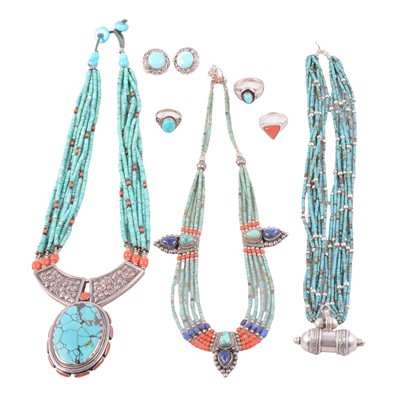 Lot 338 - Two turquoise and white metal necklaces, and other turquoise and gemset jewellery.