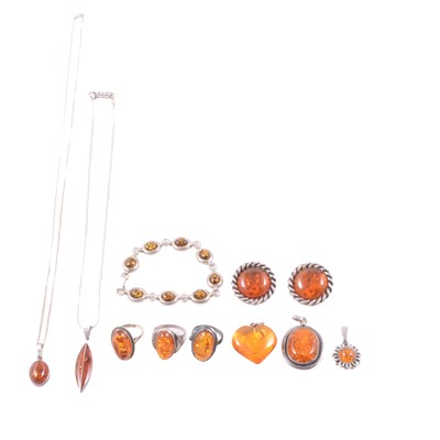 Lot 335 - An amber necklet, pendants, bracelets, rings and earrings.